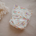 Load image into Gallery viewer, Reusable Cloth Nappy – Pastel Medley | 2.0 | My Little Gumnut displayed flat to showcase the pastel rainbow print and adjustable snaps.