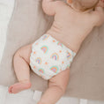 Load image into Gallery viewer, Baby wearing a Reusable Cloth Nappy – Pastel Medley | 2.0 | My Little Gumnut shown lying down to demonstrate comfort and flexibility.