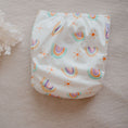 Load image into Gallery viewer, Baby wearing a Reusable Cloth Nappy – Pastel Medley | 2.0 | My Little Gumnut shown lying down to demonstrate comfort and flexibility.