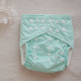 Load image into Gallery viewer, Reusable Cloth Nappy – Mint | 2.0 | My Little Gumnut displayed flat to showcase the soft mint colour and adjustable snaps.