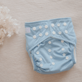 Load image into Gallery viewer, Reusable Cloth Nappy – Blue | 2.0 | My Little Gumnut displayed flat to showcase the soft blue print and adjustable snaps.