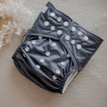 Load image into Gallery viewer, Reusable Cloth Nappy – Grey | 2.0 | My Little Gumnut displayed flat to showcase the neutral grey design and adjustable snaps.