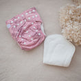 Load image into Gallery viewer, Reusable Cloth Nappy – Monstera Pink | 2.0 | My Little Gumnut displayed with insert to highlight absorbency and bamboo lining.