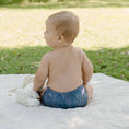Load image into Gallery viewer, Baby wearing a Reusable Cloth Nappy – Monstera Blue | 2.0 | My Little Gumnut shown from behind to demonstrate fit and comfort.