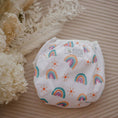 Load image into Gallery viewer, Reusable Swim Nappy featuring colorful rainbow design, perfect for beach and pool days with comfort and style.