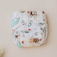 Load image into Gallery viewer, Reusable Cloth Nappy – Bees | 2.0 | My Little Gumnut displayed flat to showcase the bee-inspired print and adjustable snaps.