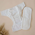 Load image into Gallery viewer, Reusable Cloth Nappy – Gumnut Tan | 2.0 | My Little Gumnut inner insert and bamboo lining displayed flat for absorbency detail.
