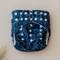 Load image into Gallery viewer, Reusable Cloth Nappy – Gumnut Teal | 2.0 | My Little Gumnut displayed flat to showcase the teal Australian-inspired print and adjustable snaps.