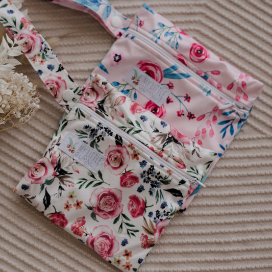 Mini wet bags for storing reusable menstrual pads or reusable breast pads. menstrual pad bag. cloth menstrual pad bag. mini floral wet bag by my little gumnut.