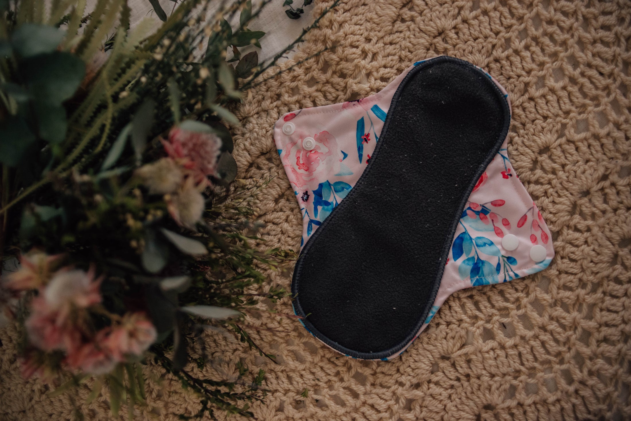 Floral Menstrual Pad. Reusable Menstrual Pad by My Little Gumnut. Cloth Pads Australia. Reusable period pads.