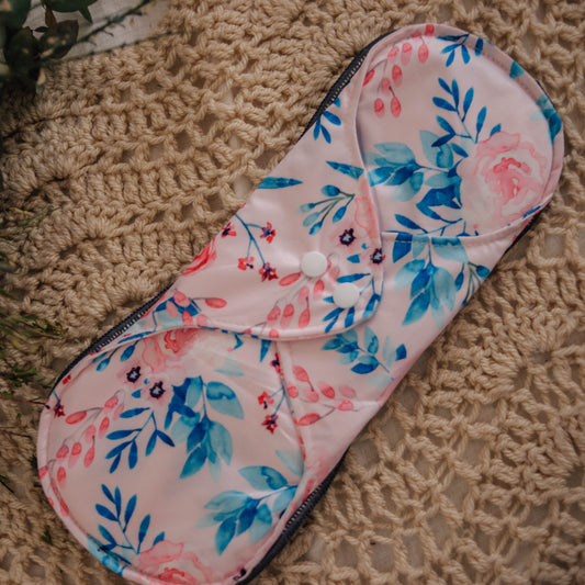 Floral Menstrual Pad. Reusable Menstrual Pad by My Little Gumnut. Cloth Pads Australia. Reusable period pads. Postpartum pads. Resuable postpartum pads.