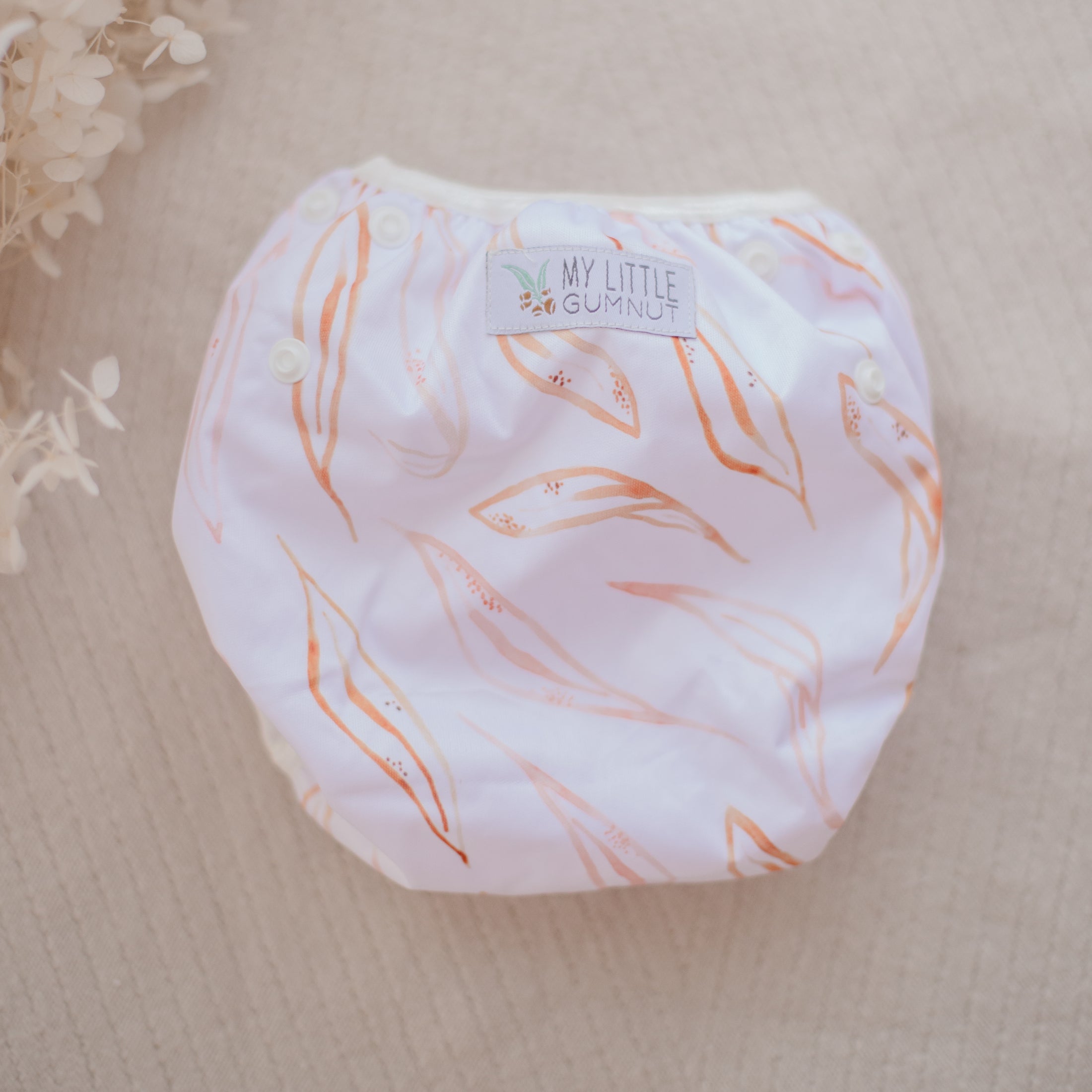 Eucalyptus print cloth nappy by my little gumnut. reusable swim nappies. australiana collection. native australian prints