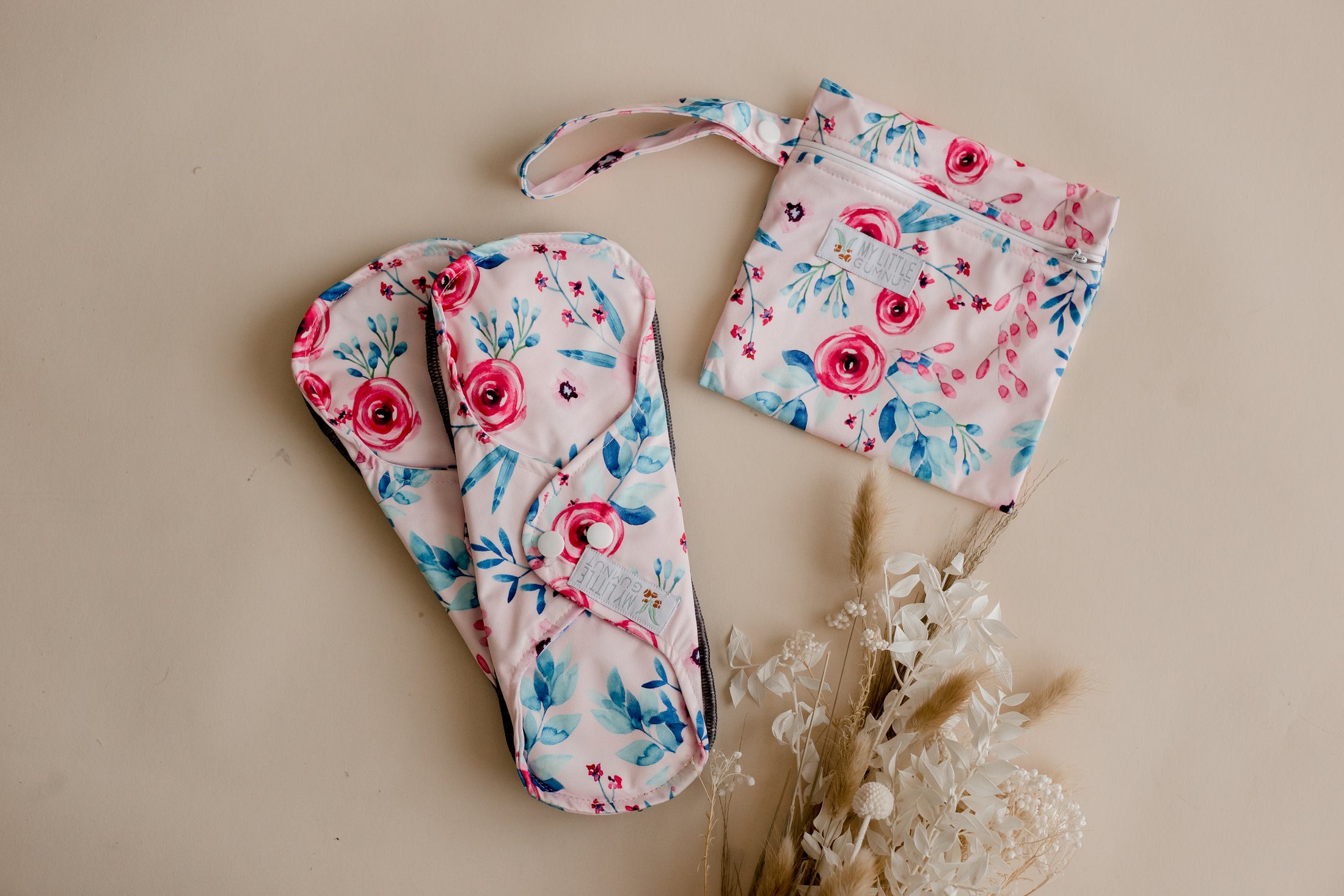 Reusable Menstrual Pads by My Little Gumnut. Cloth Pads Australia. Period pads. Floral menstrual pads. 2 Pack Menstrual Pads with small wet bag.