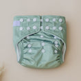 Load image into Gallery viewer, Reusable Cloth Nappy – Sage | 2.0 | My Little Gumnut displayed flat to showcase the soft sage colour and adjustable snaps.