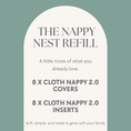 Load image into Gallery viewer, Product description card for 'The Nappy Nest Refill' on a light green background