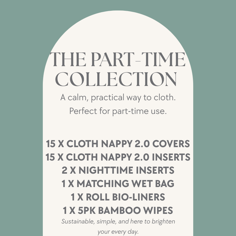 Product description card for 'The Part Time Collection' on a light green background