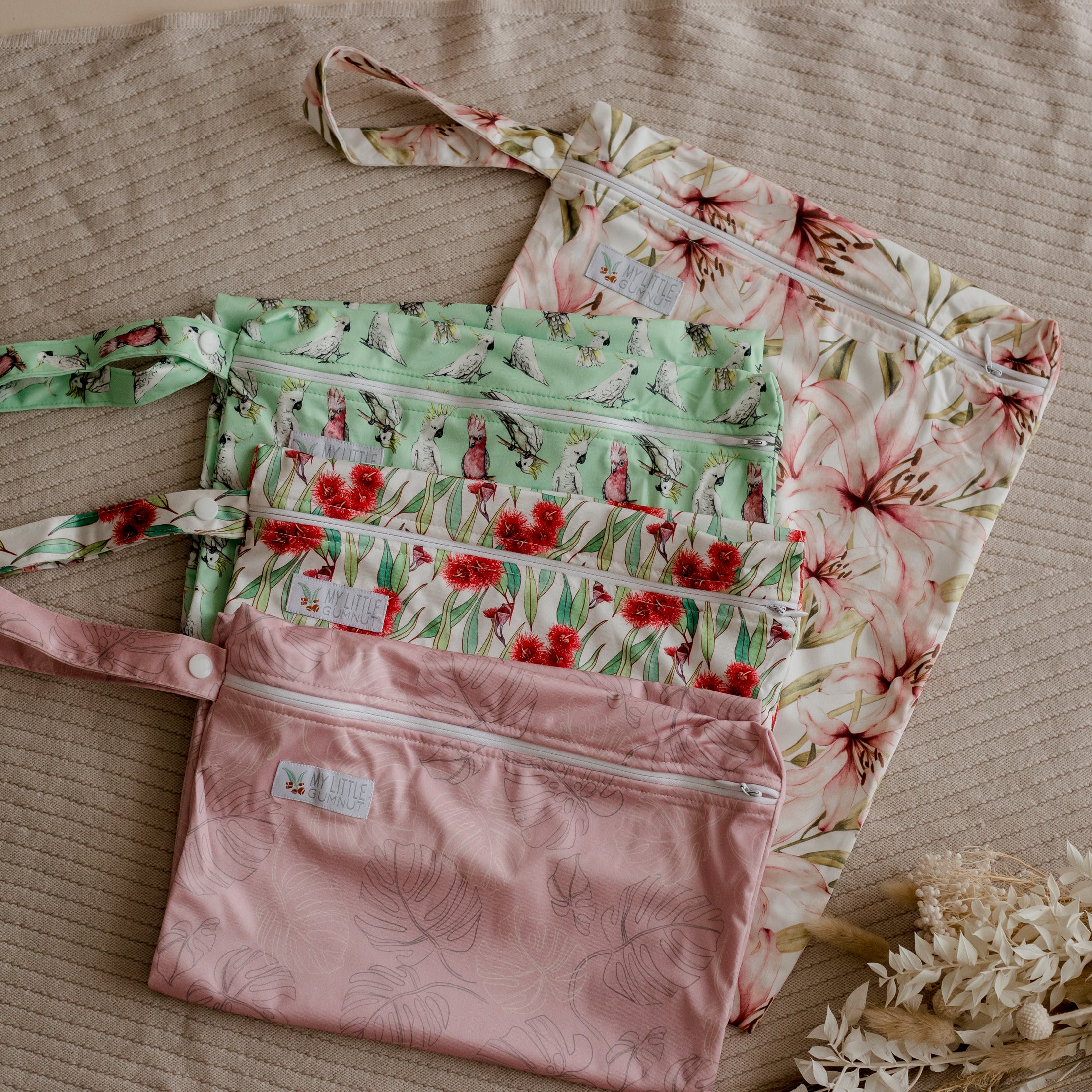 Wet bags by my little Gumnut. cockatoo cloth nappy australia