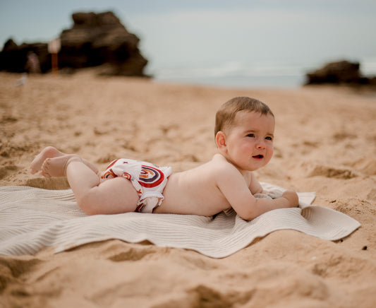  Baby boy on the beach in a My Little Gumnut Swim Nappy