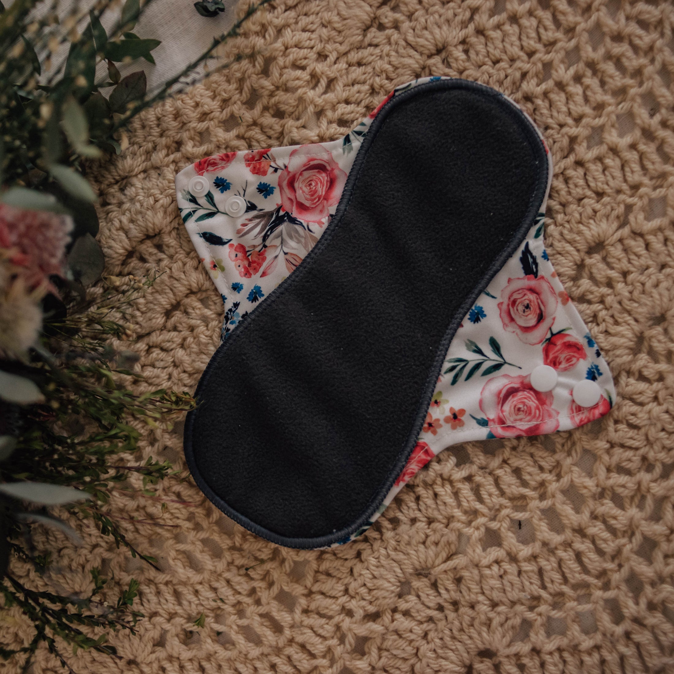 Floral Menstrual Pad. Reusable Menstrual Pad by My Little Gumnut. Cloth Pads Australia. Reusable period pads with bamboo charcoal inner layer.