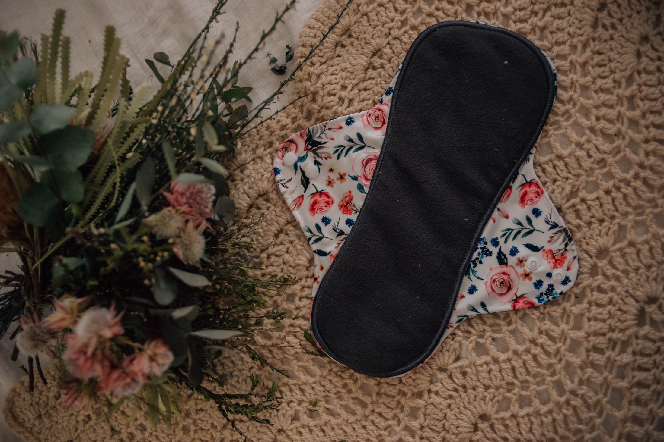 Reusable Menstrual Pads by My Little Gumnut. Cloth menstrual pads Australia. Bamboo charcoal inner layer with floral outer layer menstural pad. Period pads. 