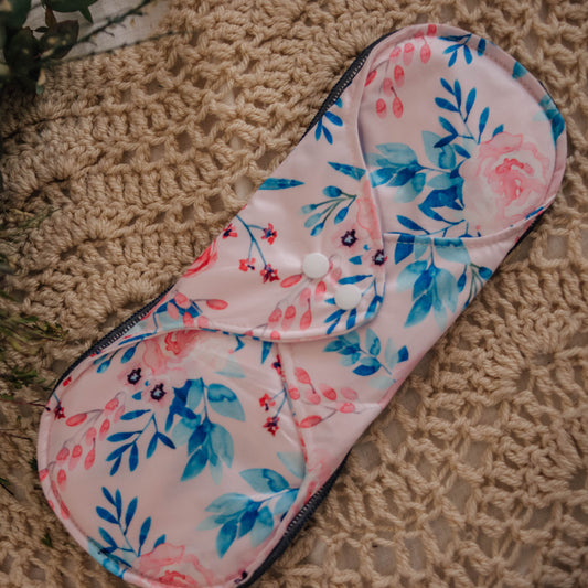 Floral Menstrual Pad. Reusable Menstrual Pad by My Little Gumnut. Cloth Pads Australia. Reusable period pads. Postpartum pads. Resuable postpartum pads. 
