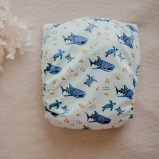 Whaleshark Cloth Nappy by My Little Gumnut. Marine life nappy. Double Gusset cloth nappy Australia.