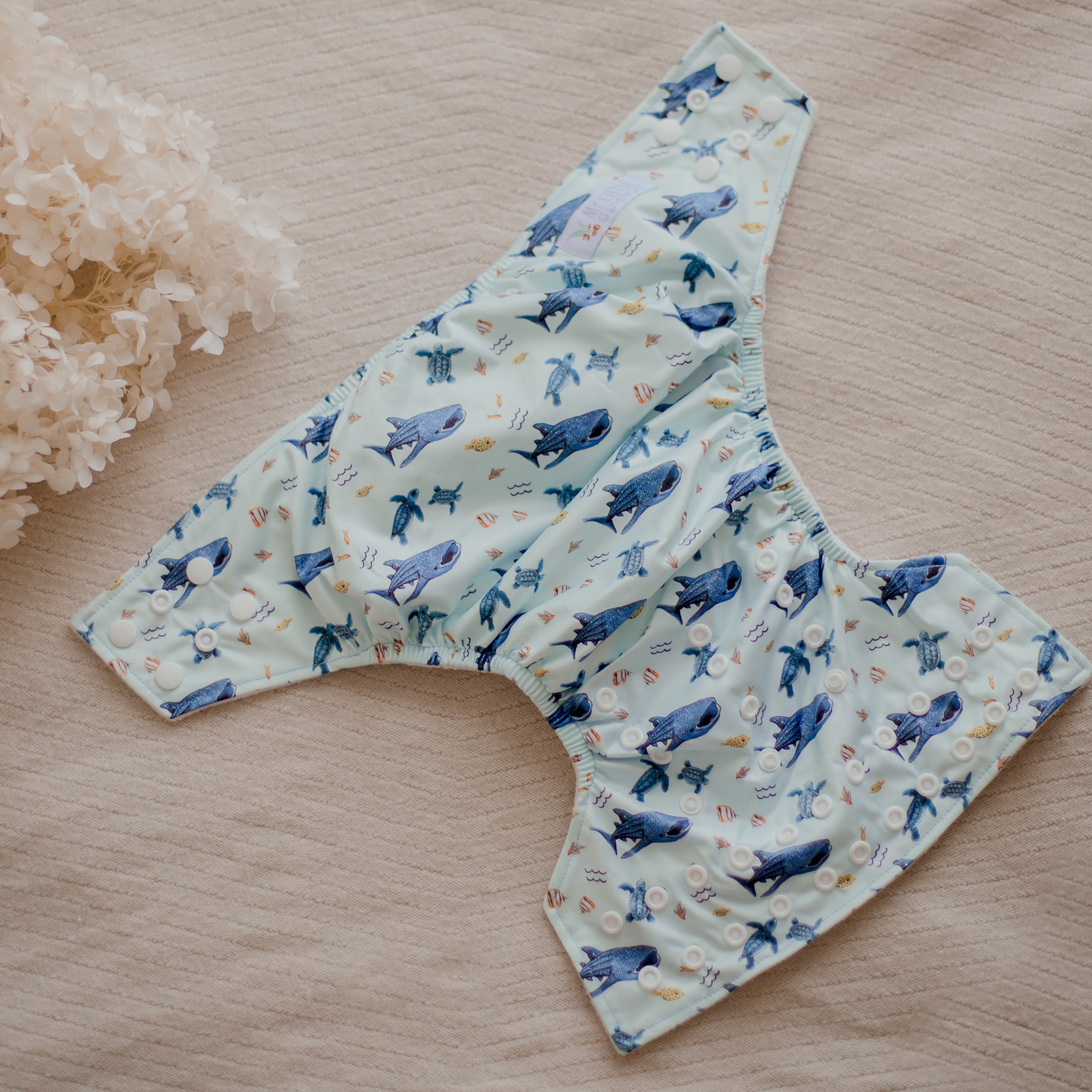 Reusable Cloth Nappies by My Little Gumnut. Whaleshark. Marine Life nappy. save our oceans. 