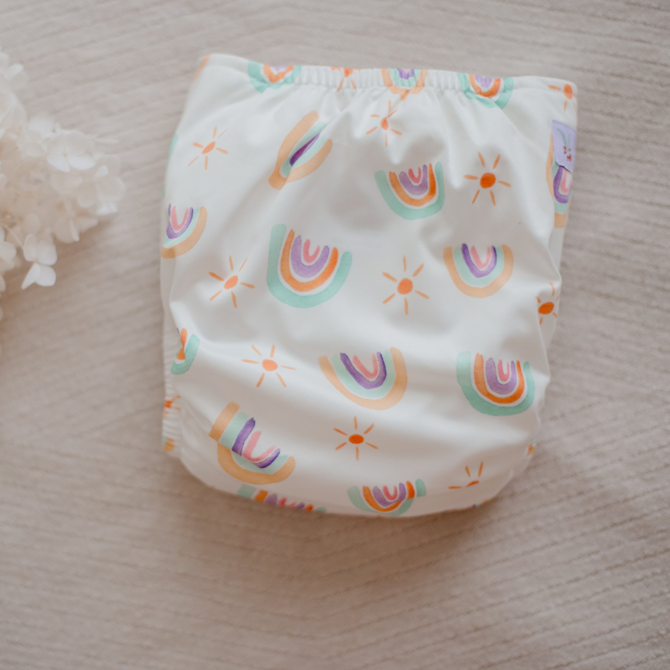 Rainbow Cloth Nappy by My Little Gumnut. Reusable baby nappies. Washable nappies. Pastel Medley.