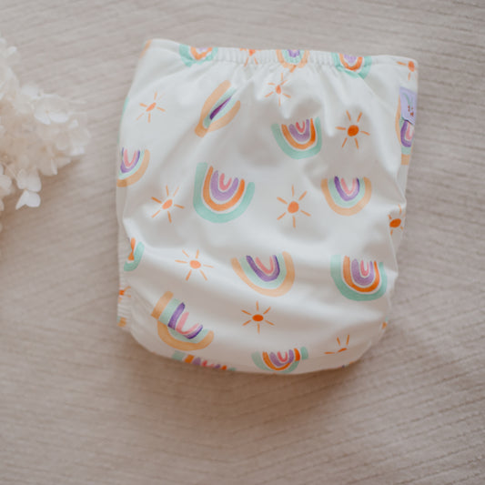 Rainbow Cloth Nappy by My Little Gumnut. Reusable baby nappies. Washable nappies. Pastel Medley.
