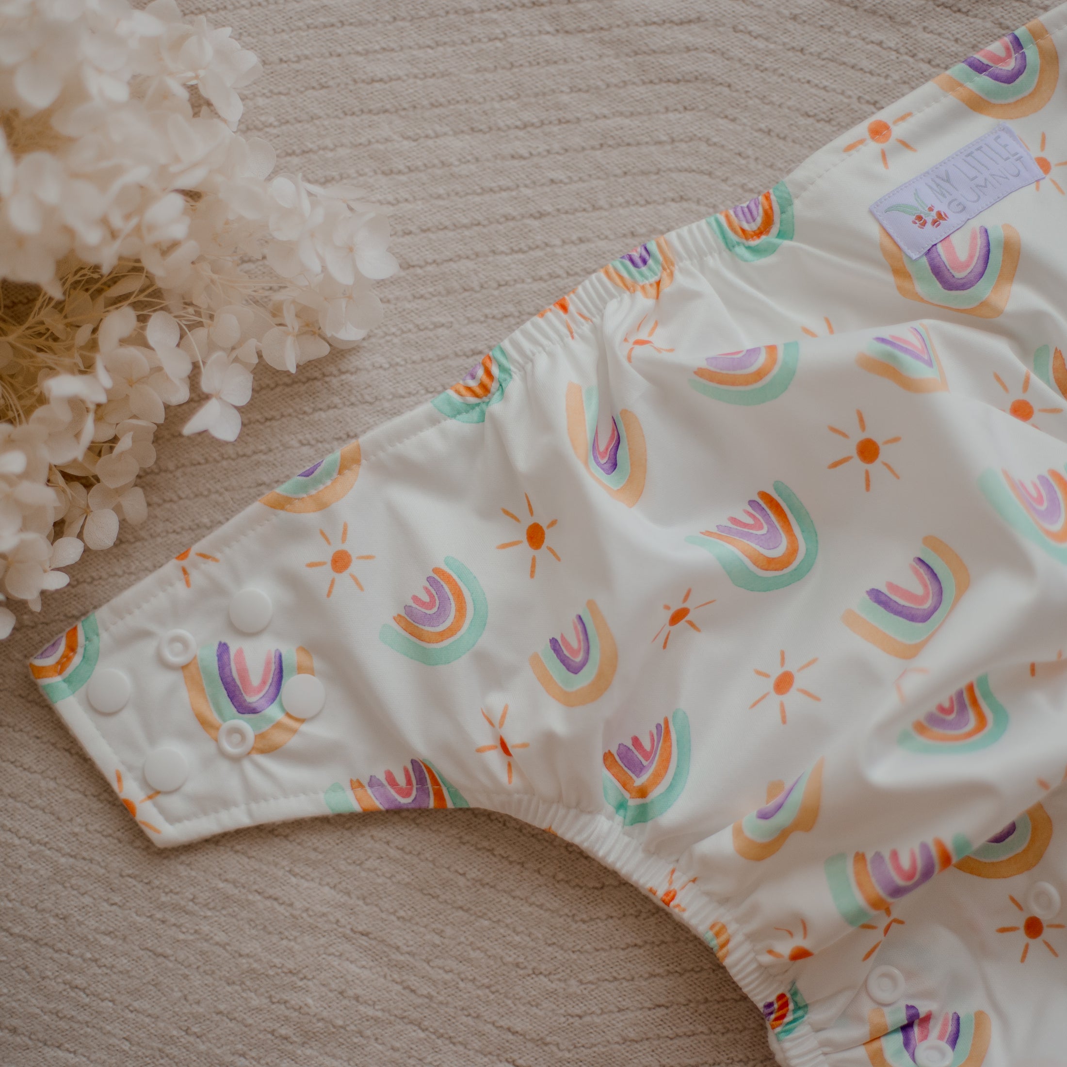 Reusable Cloth Nappies by My Little Gumnut. Rainbow nappy. Rainbow baby. 