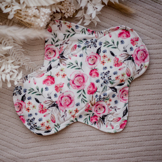 Floral Menstrual Pad. Reusable Menstrual Pad by My Little Gumnut. Cloth Pads Australia. Reusable period pads. Menstrual pad with flowers print.
