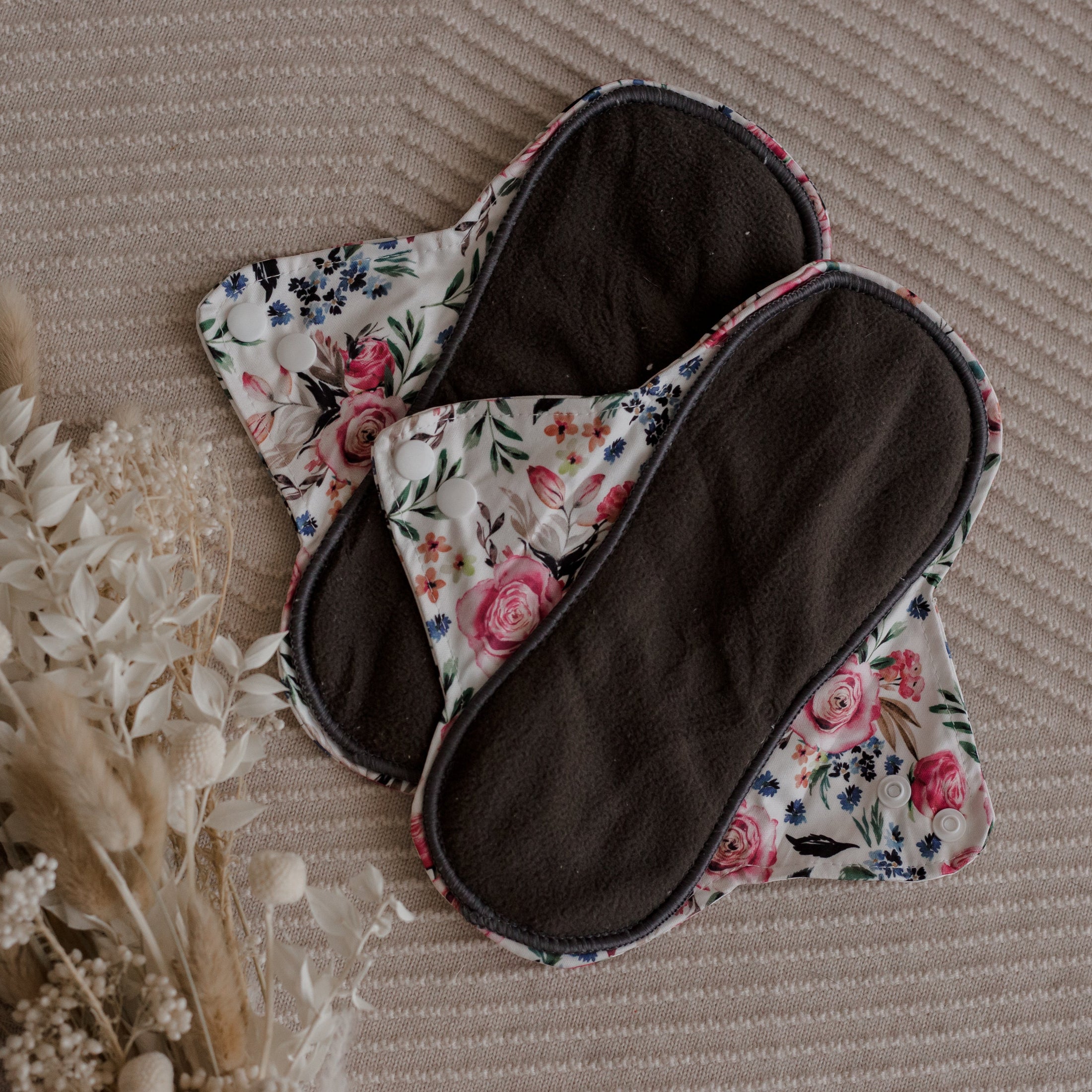 Reusable Menstrual Pads by My Little Gumnut. Cloth Pads Australia. Period pads. Floral menstrual pads. 2 medium sized menstrual pads