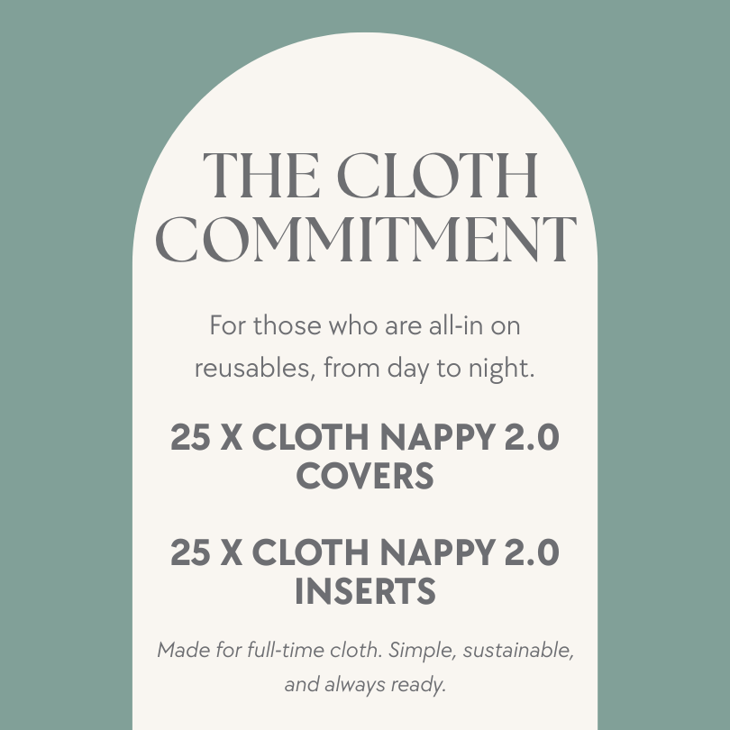 Product description card for 'The Cloth Commitment' on a light green background.