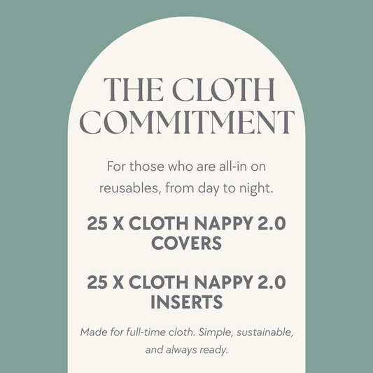 Product description card for 'The Cloth Commitment' on a light green background.