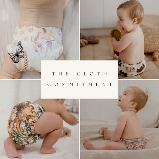 Collage of a women and baby wearing cloth diapers with 'The Cloth Commitment' text.