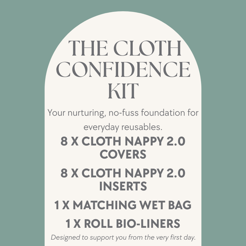 Product description card for 'The Cloth Confidence Kit' on a light green background