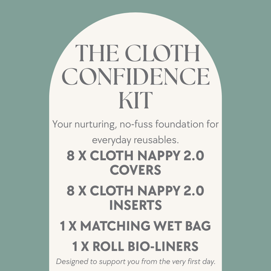 Product description card for 'The Cloth Confidence Kit' on a light green background