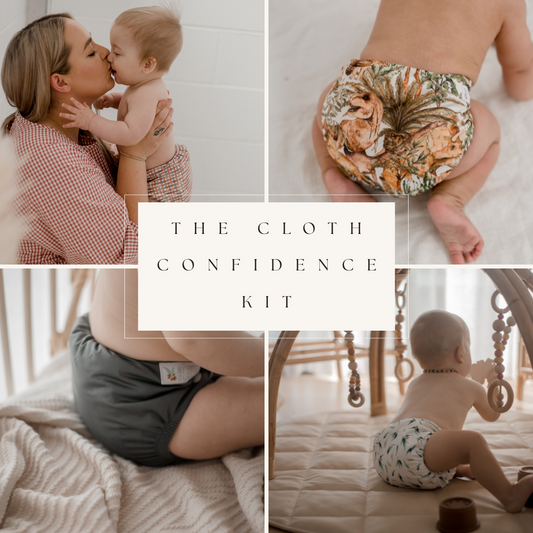 Collage of a women and baby wearing cloth diapers with 'The Cloth Confidence Kit' text.