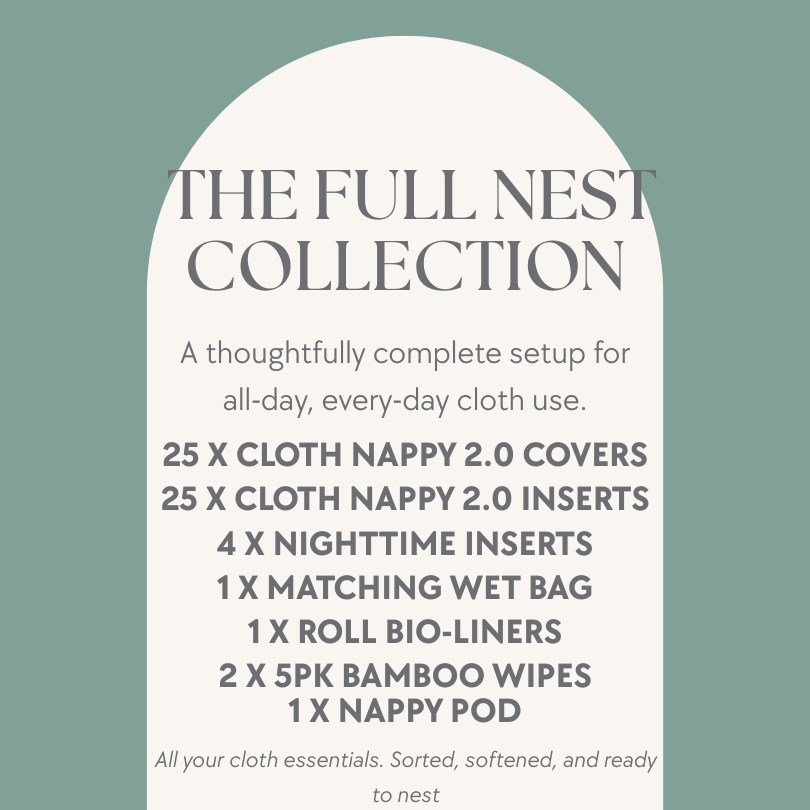 Product description card for 'The Full Nest Collection' on a light green background.