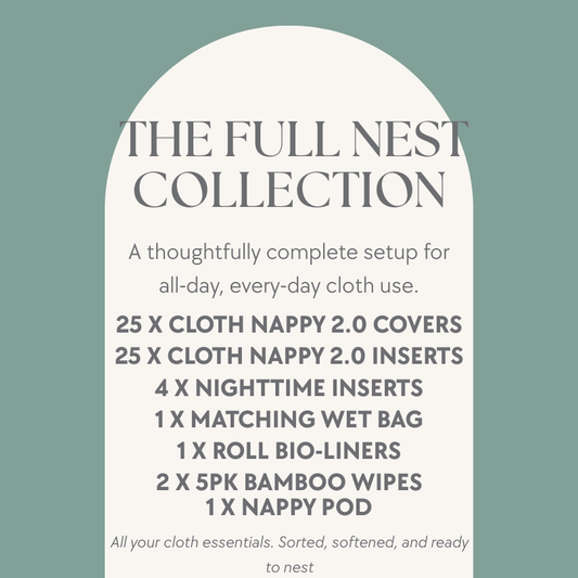 Product description card for 'The Full Nest Collection' on a light green background.