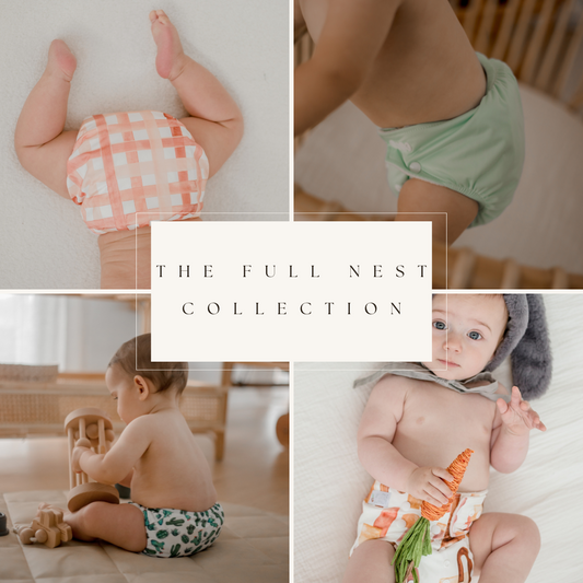 Collage of a women and baby wearing cloth diapers with 'The Full Nest Collection' text.