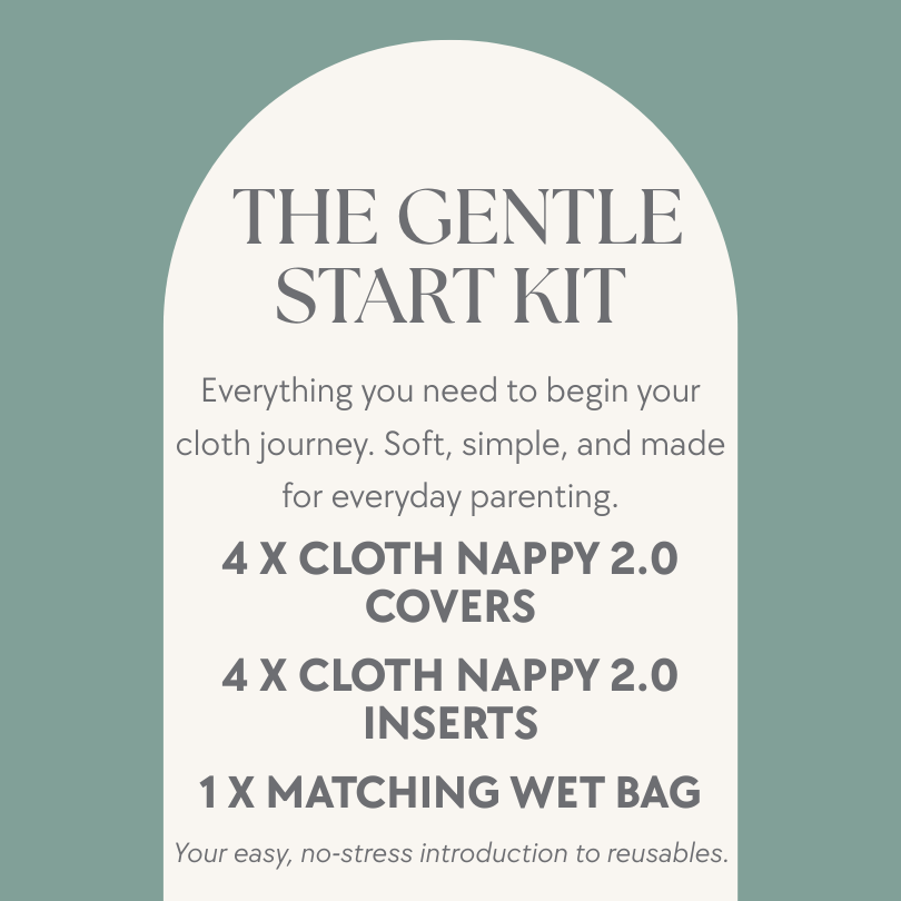 What’s included in the Gentle Start bundle – reusable cloth nappies, inserts, and wet bag.