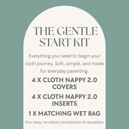 What’s included in the Gentle Start bundle – reusable cloth nappies, inserts, and wet bag.
