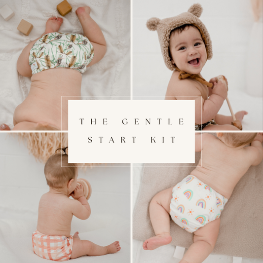 Lifestyle photo of the Gentle Start reusable cloth nappy bundle, featuring cloth nappies and wet bag.