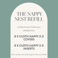 Load image into Gallery viewer, Product description card for 'The Nappy Nest Refill' on a light green background
