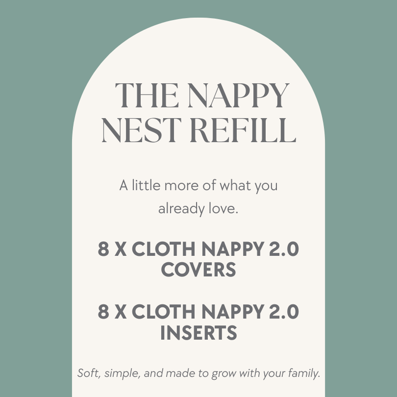 Product description card for 'The Nappy Nest Refill' on a light green background