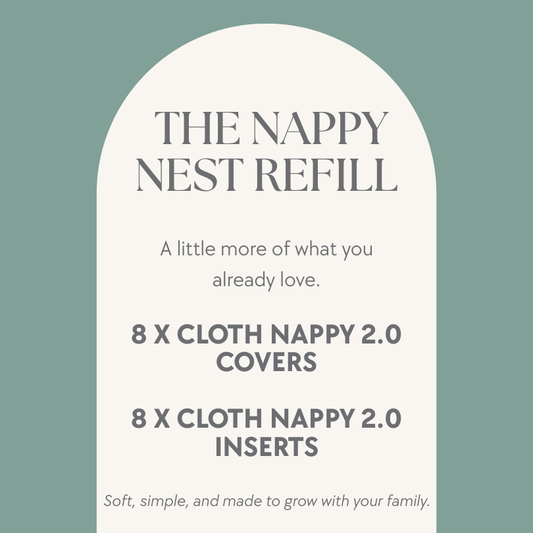 Product description card for 'The Nappy Nest Refill' on a light green background