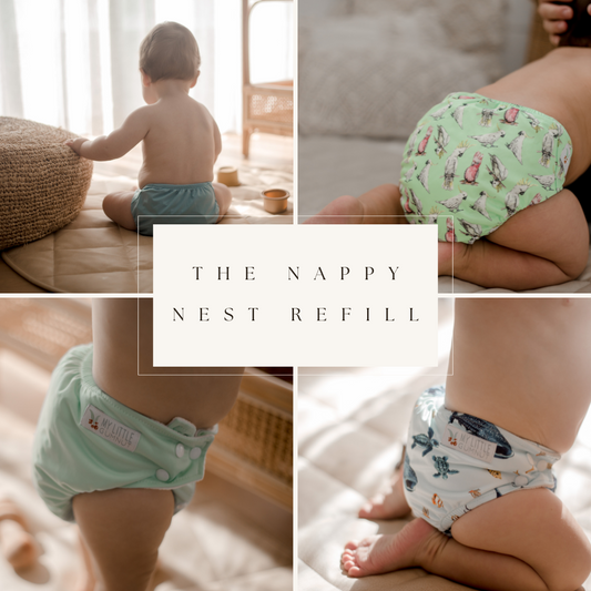 Lifestyle photo of The Nappy Nest Refill reusable cloth nappy bundle, featuring cloth nappies.