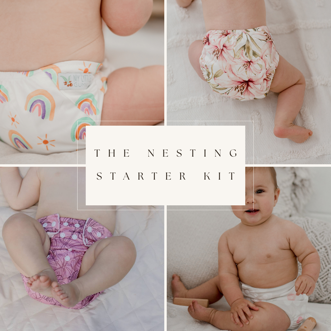 Collage of a women and baby wearing cloth diapers with 'The Cloth Confidence Kit' text.