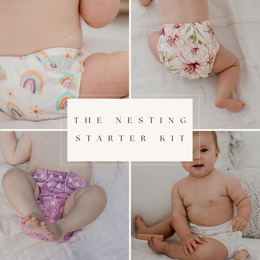 Collage of a women and baby wearing cloth diapers with 'The Cloth Confidence Kit' text.